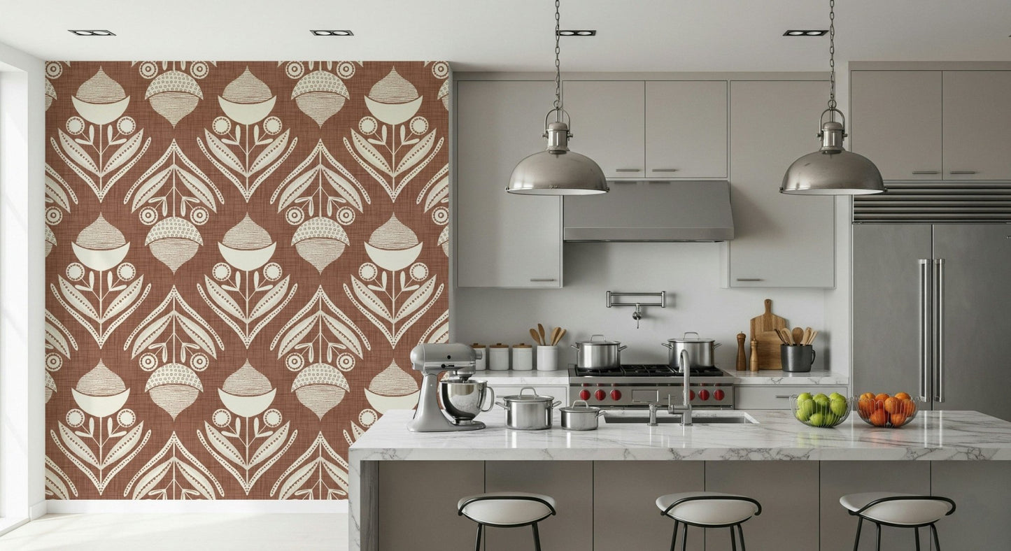 Earthy Floral Echo Wallpaper with a repetitive bloom motif.