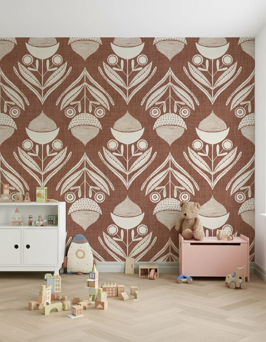 Earthy Floral Echo Wallpaper features an intriguing floral pattern.