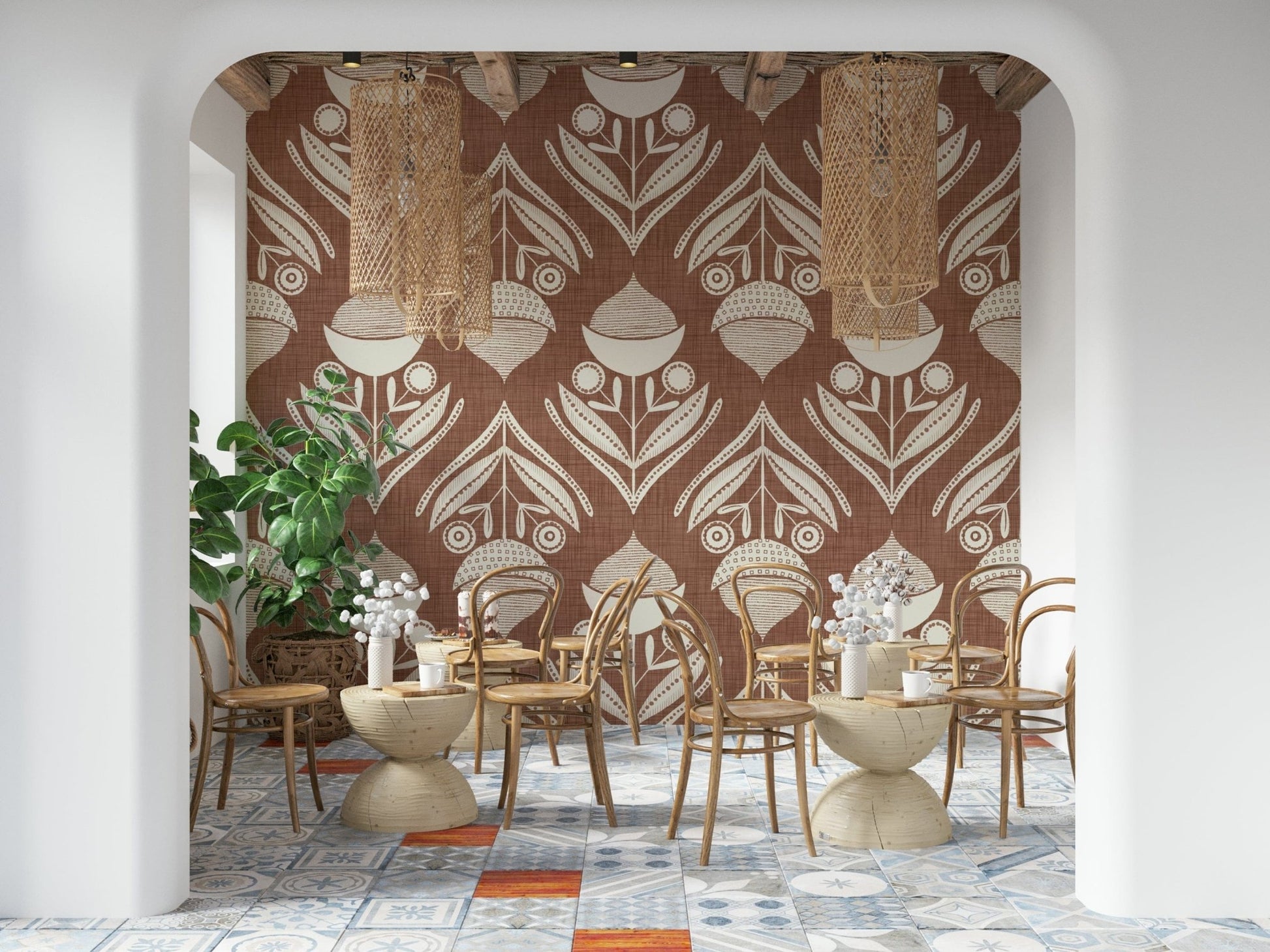 Whimsical Earthy Floral Echo Wallpaper offers easy peel and stick.