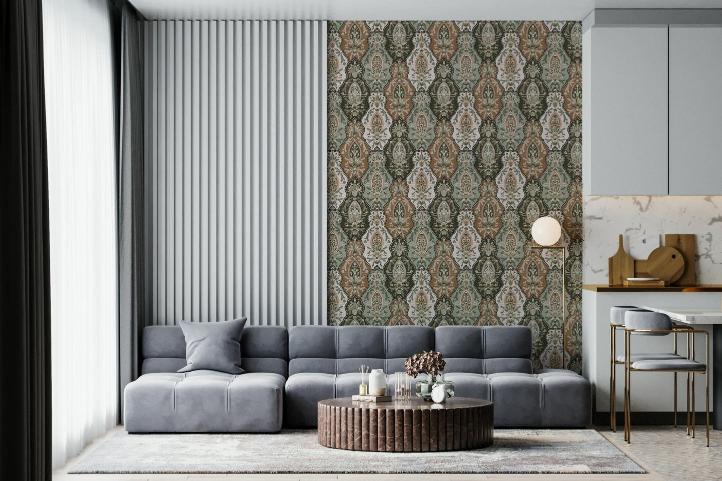 Deluxe Earthy Florals Wallpaper, subtle pink accents, olive green leaves.