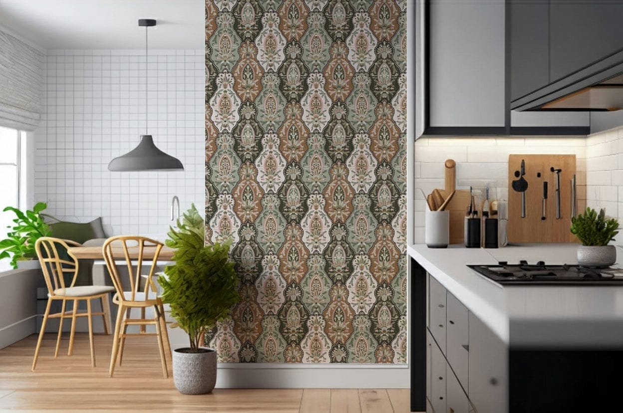 Vintage wall mural with muted pink, sage, and brown floral medallions.