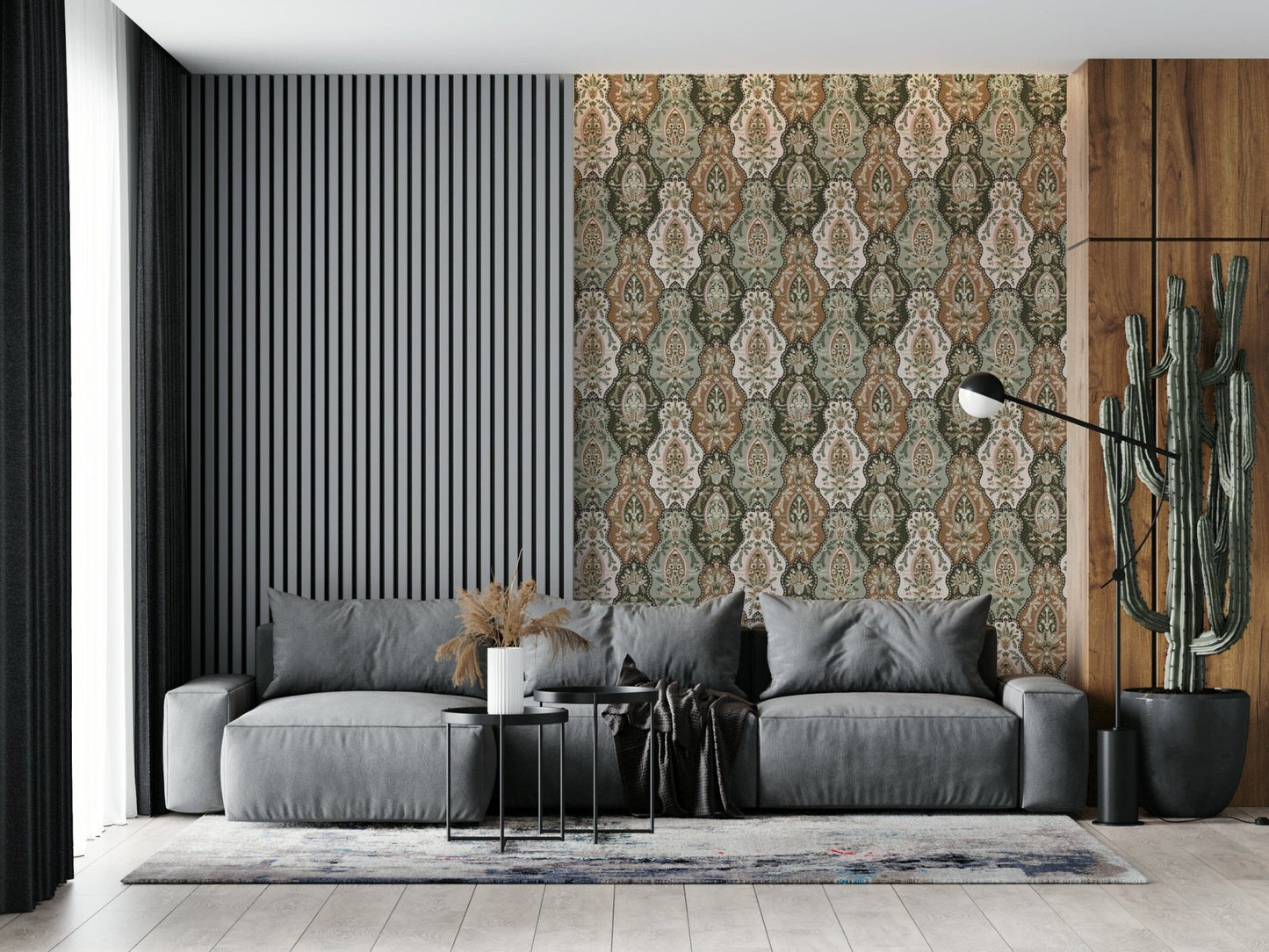 Earthy Florals wall covering, elegant neutral tones, ornate paisley print.