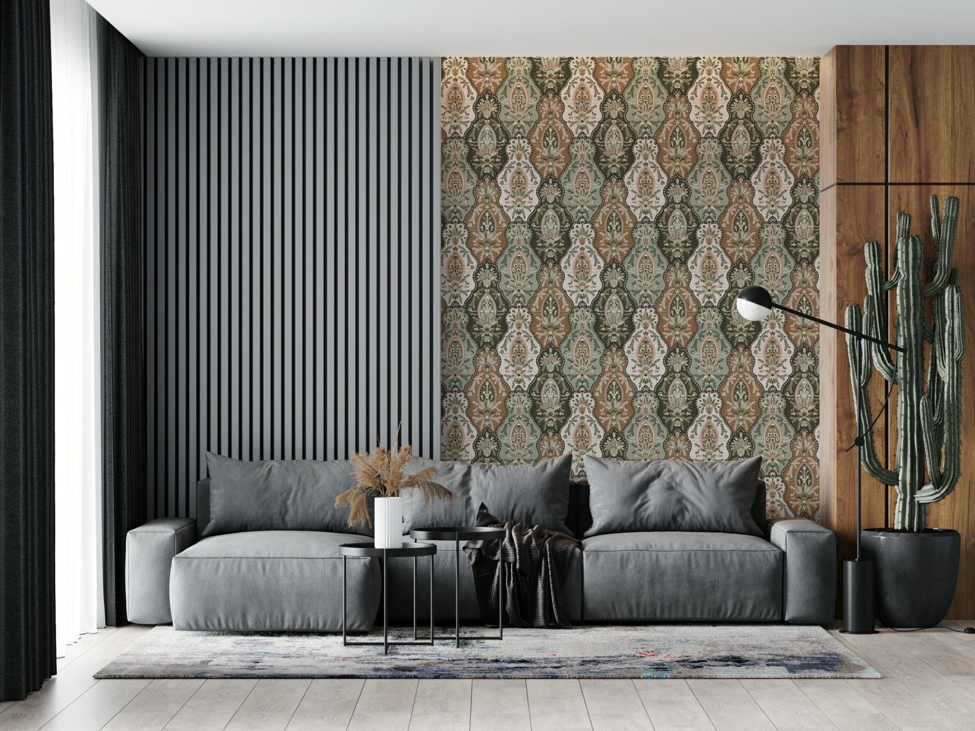 Earthy Florals wall covering, elegant neutral tones, ornate paisley print.