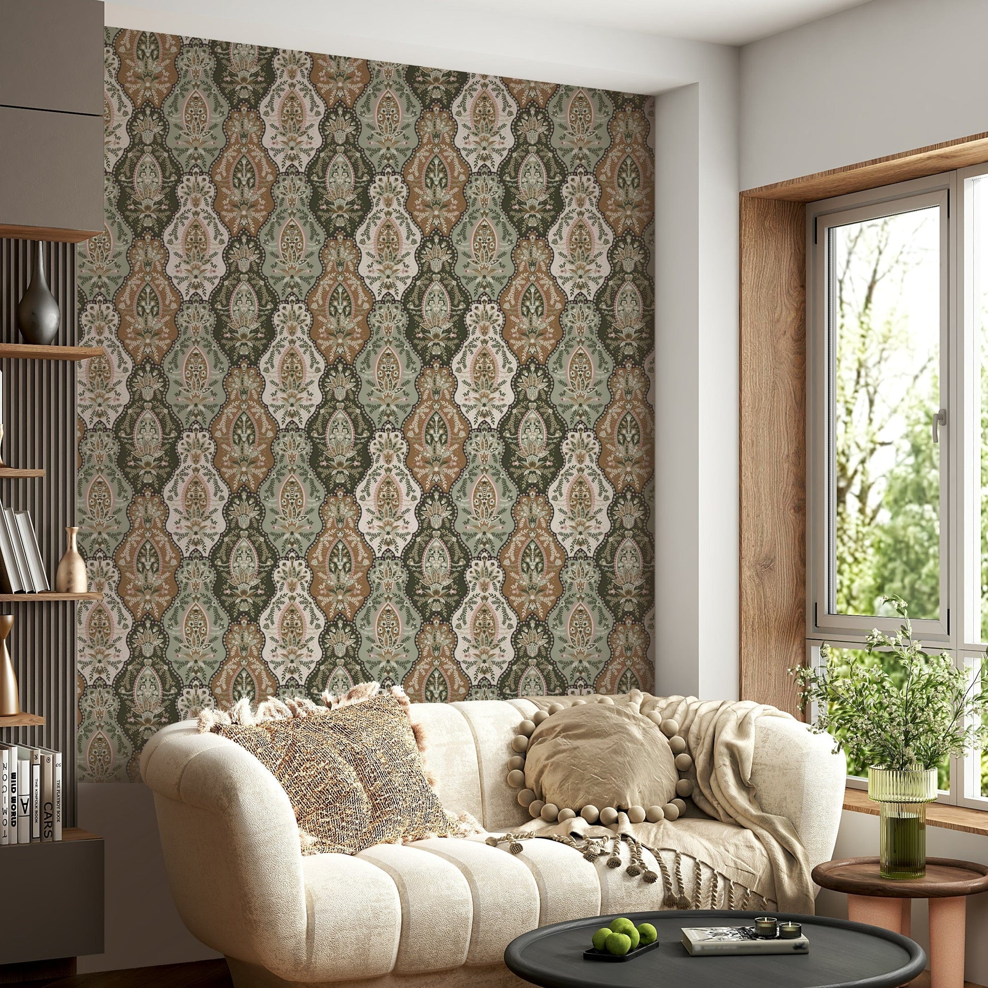 Earthy Florals large-scale floral tapestry style wallpaper for walls.