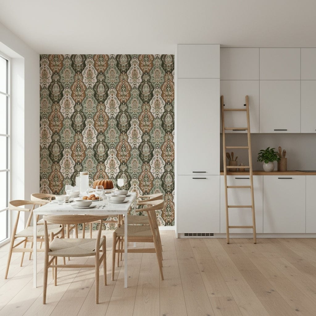 Ornate botanical wall covering, elegant vintage-inspired Earthy Florals.