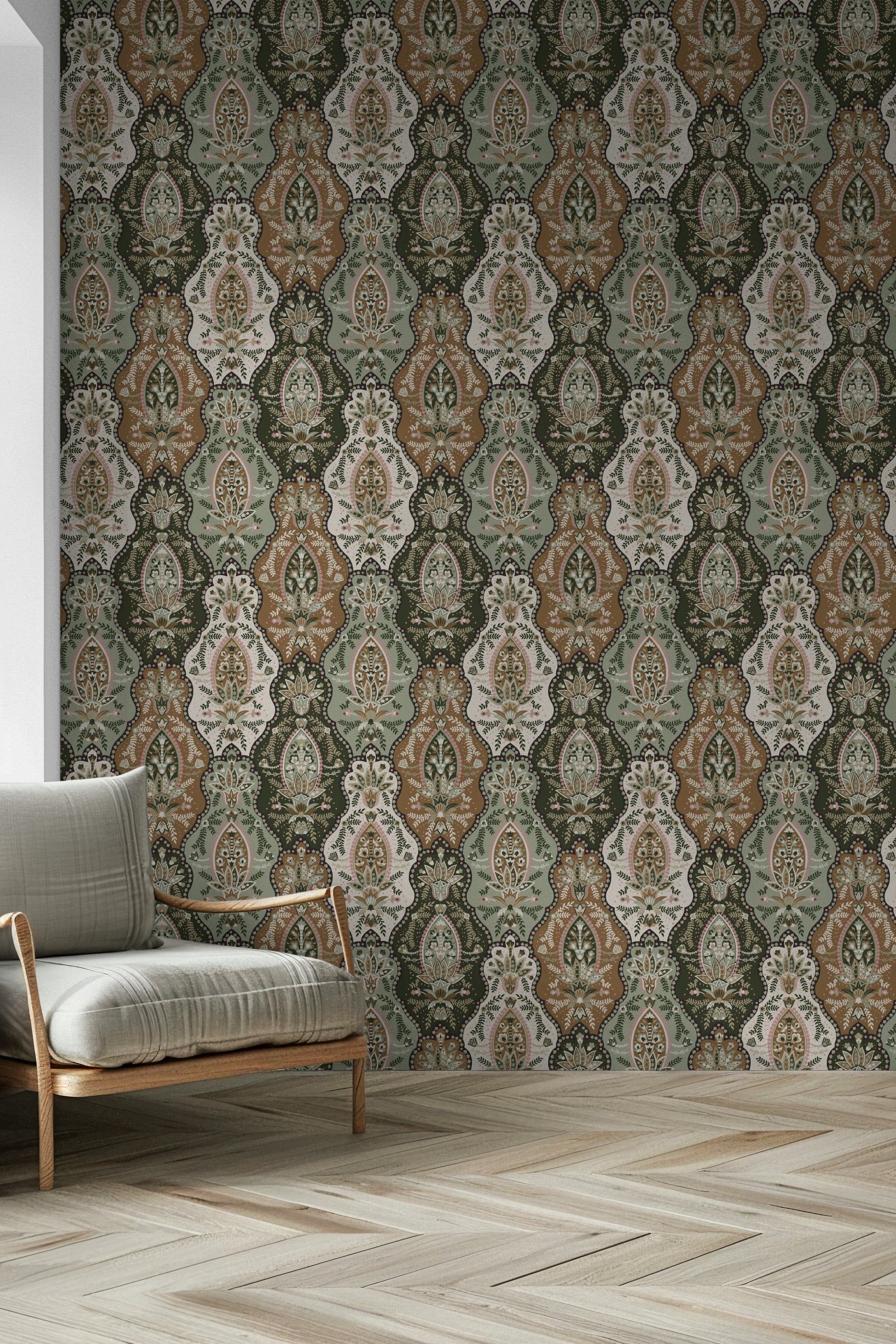 Decorative Earthy Florals pattern, scalloped vertical tile arrangement.