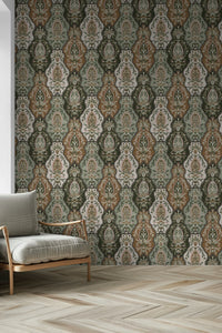 Decorative Earthy Florals pattern, scalloped vertical tile arrangement.