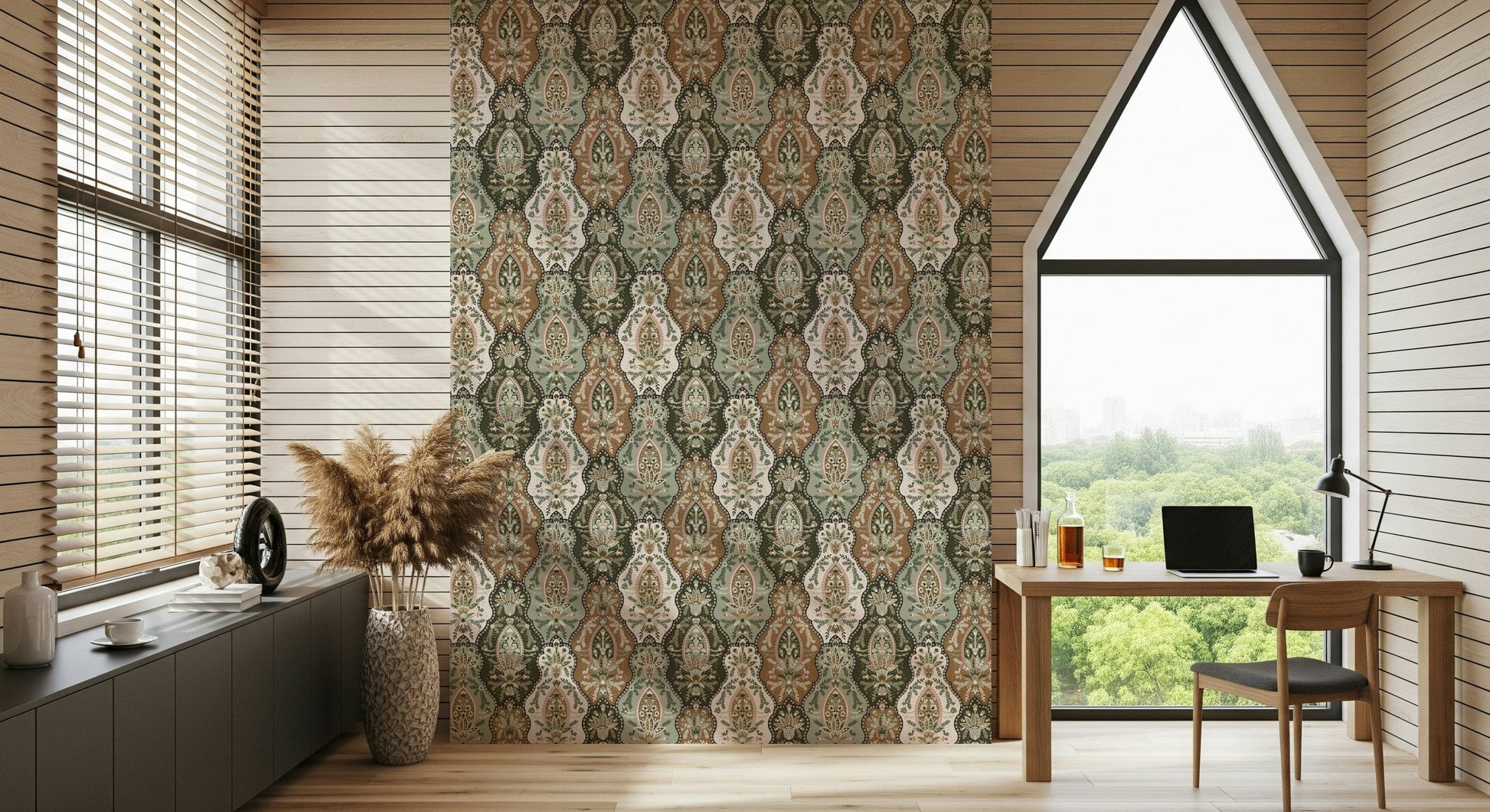 Intricate botanical print wallpaper for walls, serene and earthy colors.