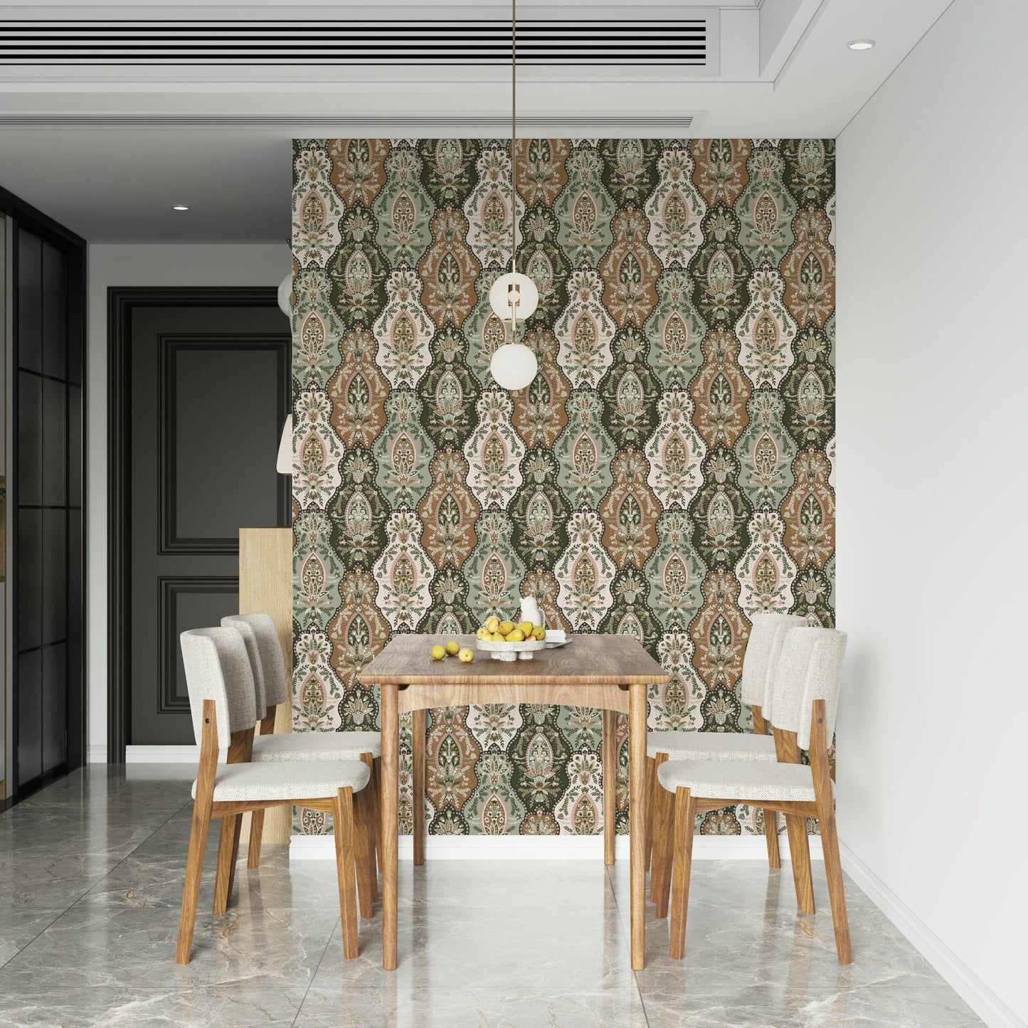 Bohemian peel and stick wallpaper, detailed dark green damask pattern.