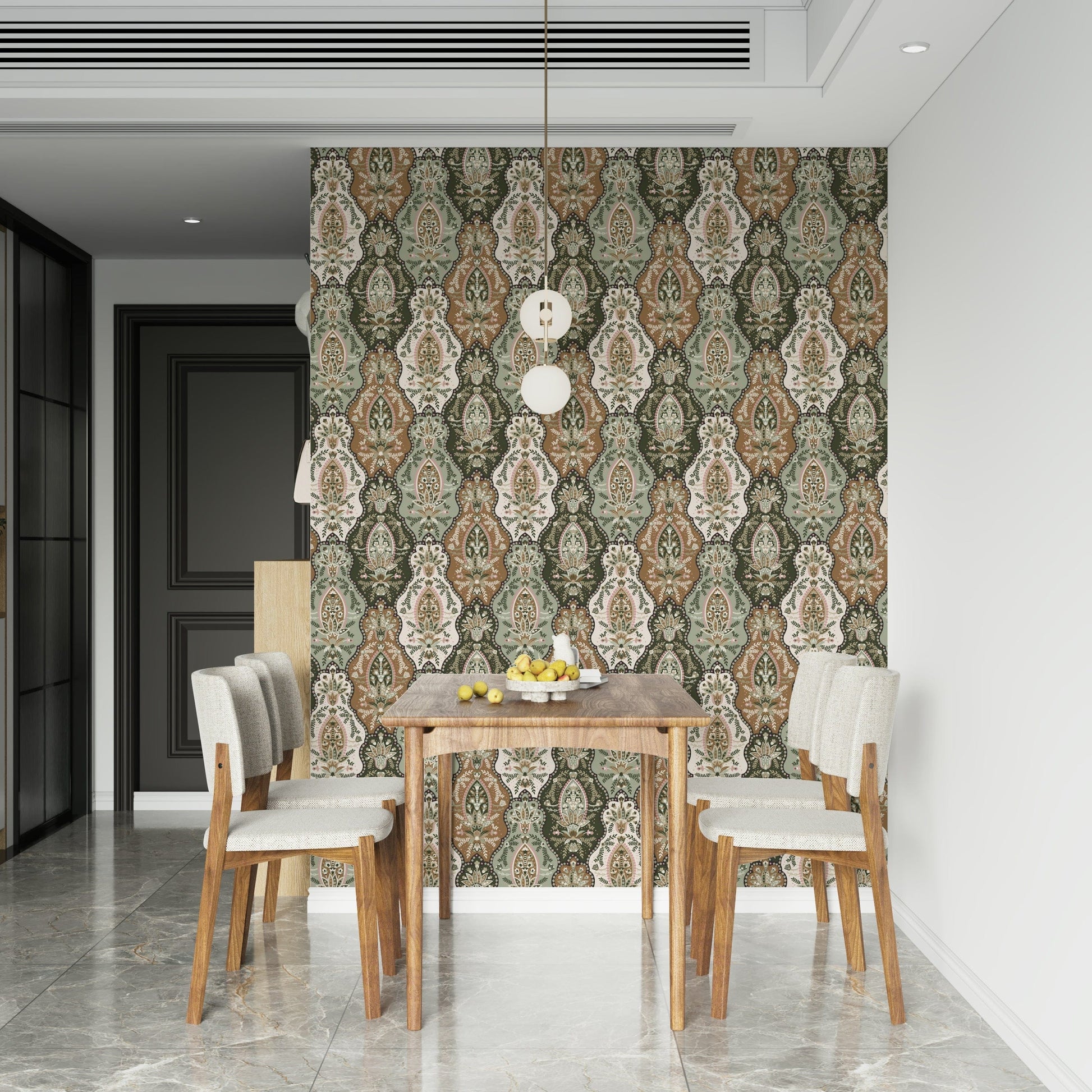 Bohemian peel and stick wallpaper, detailed dark green damask pattern.