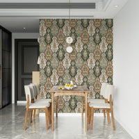 Bohemian peel and stick wallpaper, detailed dark green damask pattern.