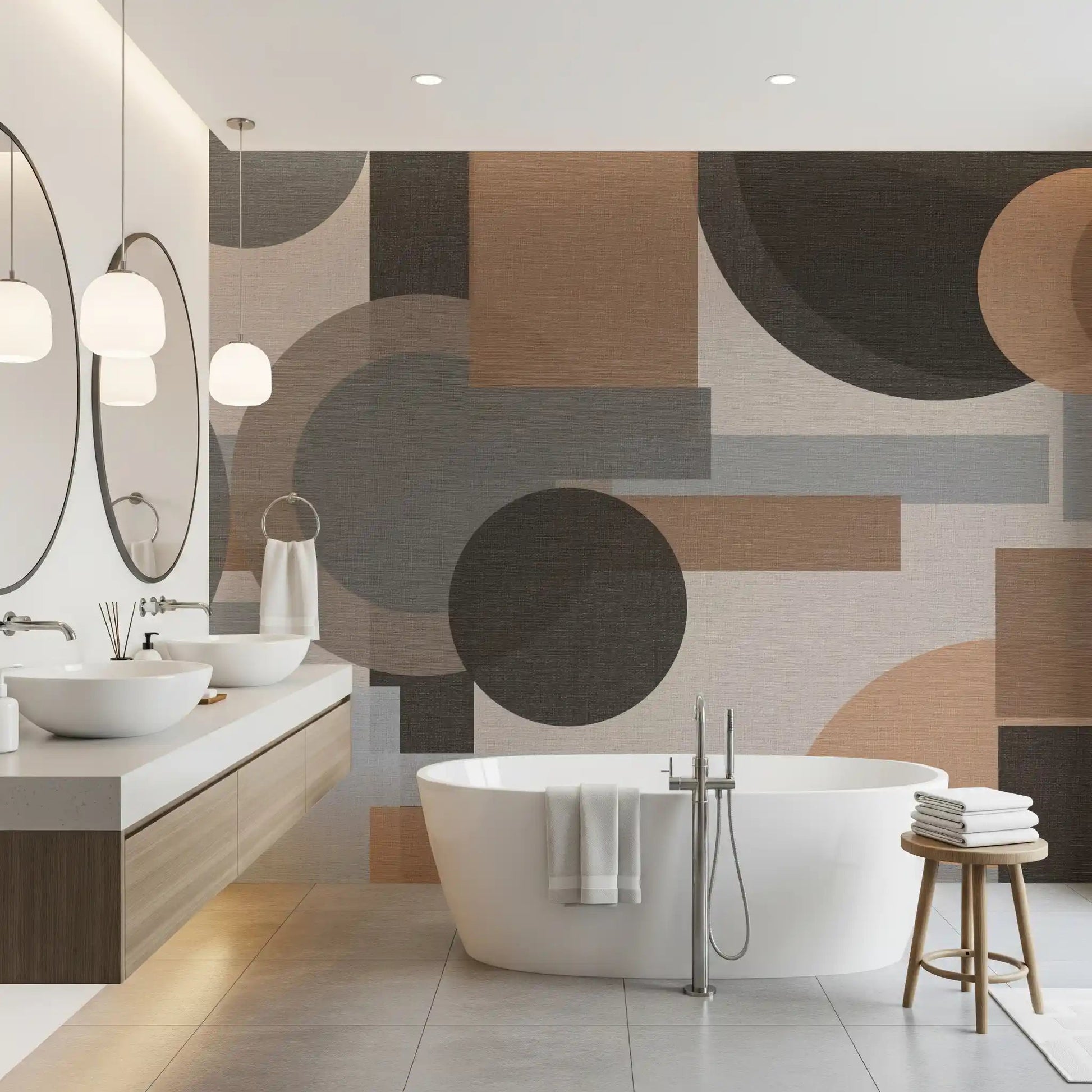Peach and pale blue accents add quiet contrast to this Geometric Harmony wall mural.GD9554