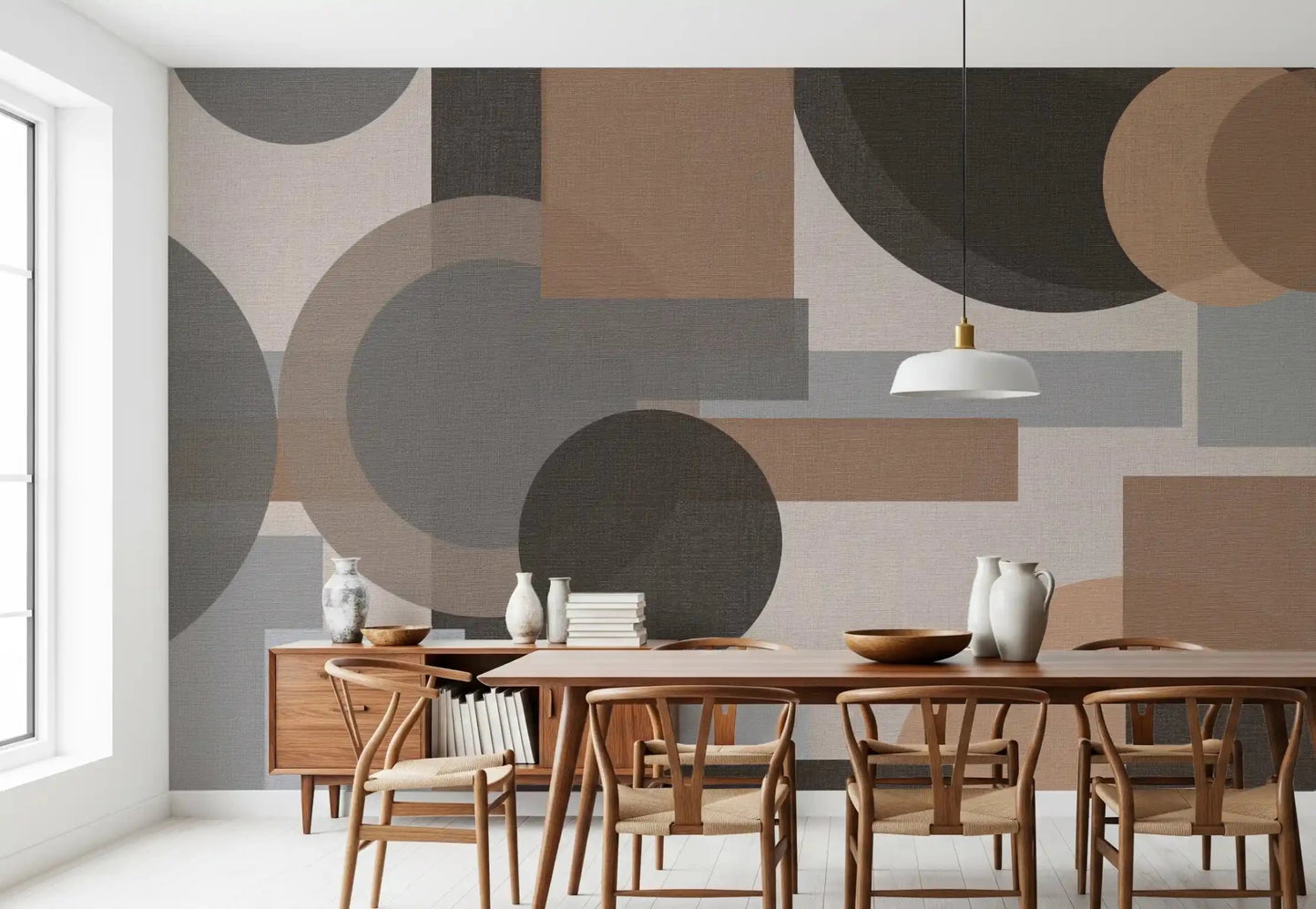 Round and rectangular forms gather behind a dining room in Geometric Harmony wall mural.GD9554