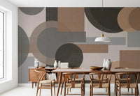 Round and rectangular forms gather behind a dining room in Geometric Harmony wall mural.GD9554