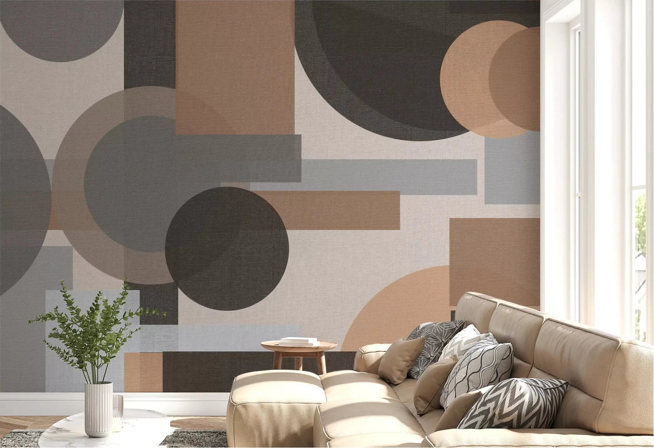 Bold circular shapes anchor a living room with this Earthy Geometric Harmony wall mural.GD9554