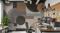 Mid-century forms sit in a Home office as this Earthy Geometric Harmony wall mural.GD9554