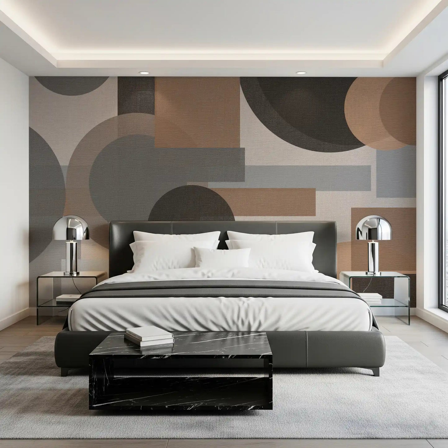 Abstract circles and squares drift behind a bedroom in Geometric Harmony wall mural.GD9554