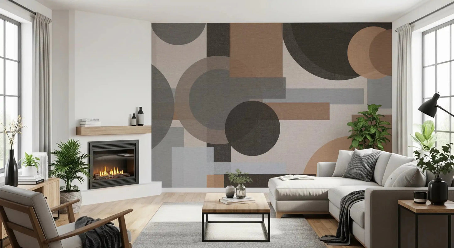 Overlapping circles meet squares behind the living room in Geometric Harmony wall mural.GD9554