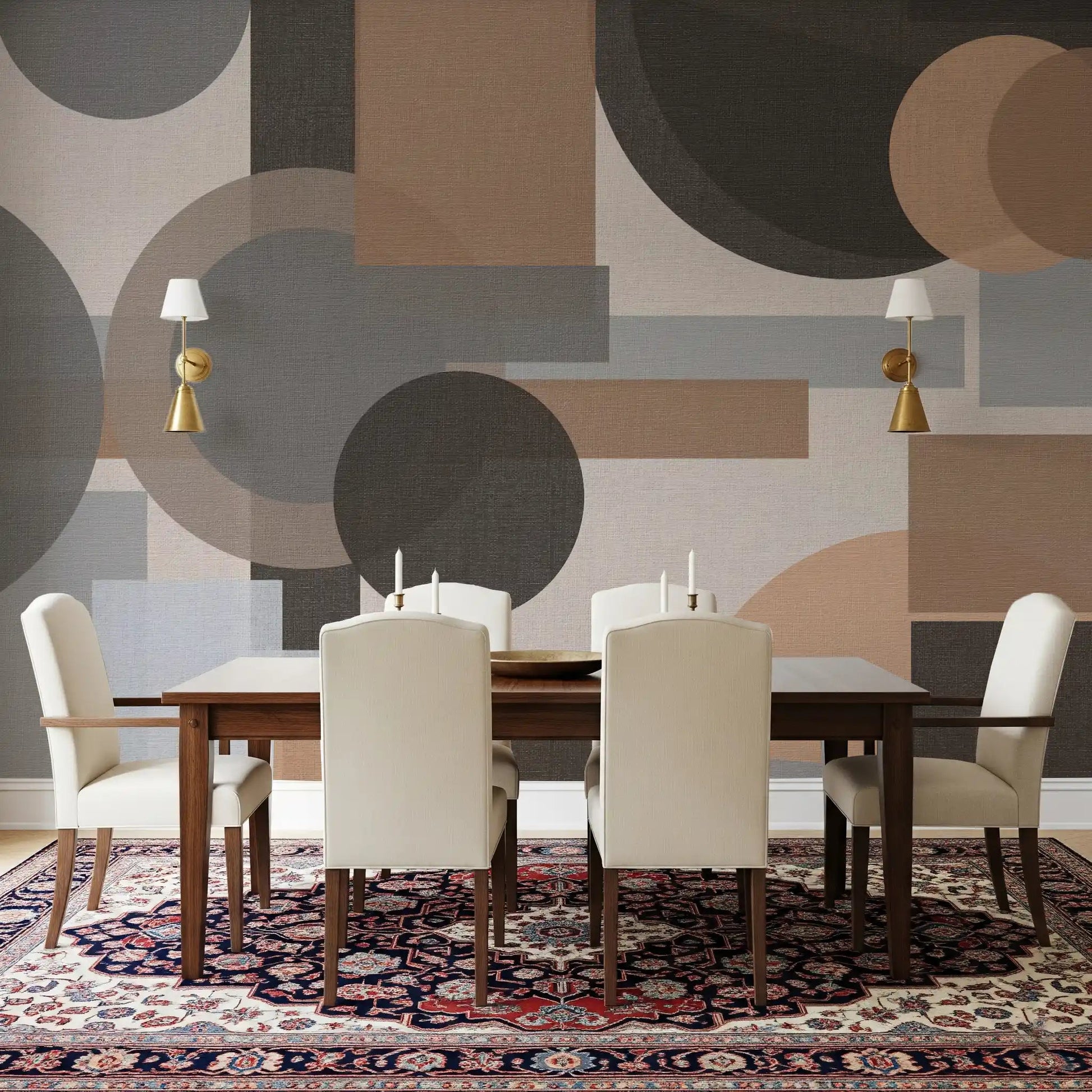Curved circles meet square edges across the Earthy Geometric Harmony wall mural pattern.GD9554