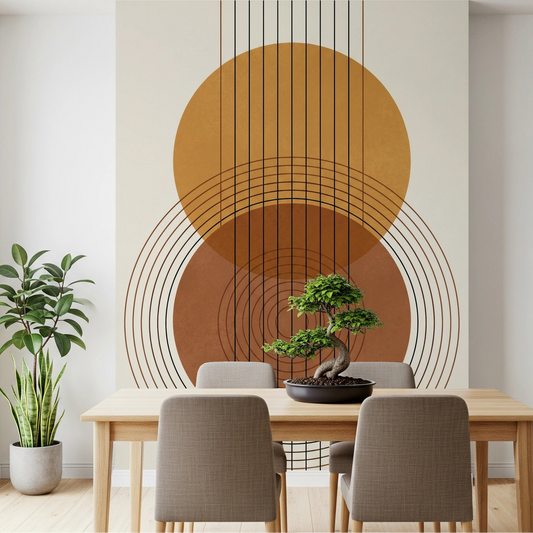 Dining room featuring the Mid Century Modern Geometric Abstract Sun Wall Mural backdrop.