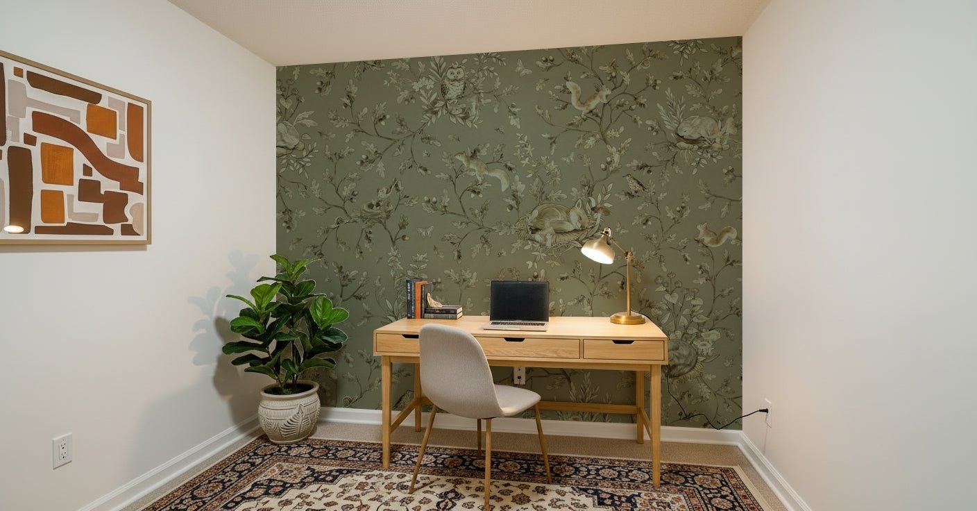 Bedroom background utilizing the calming Earthy Haven Wall Mural