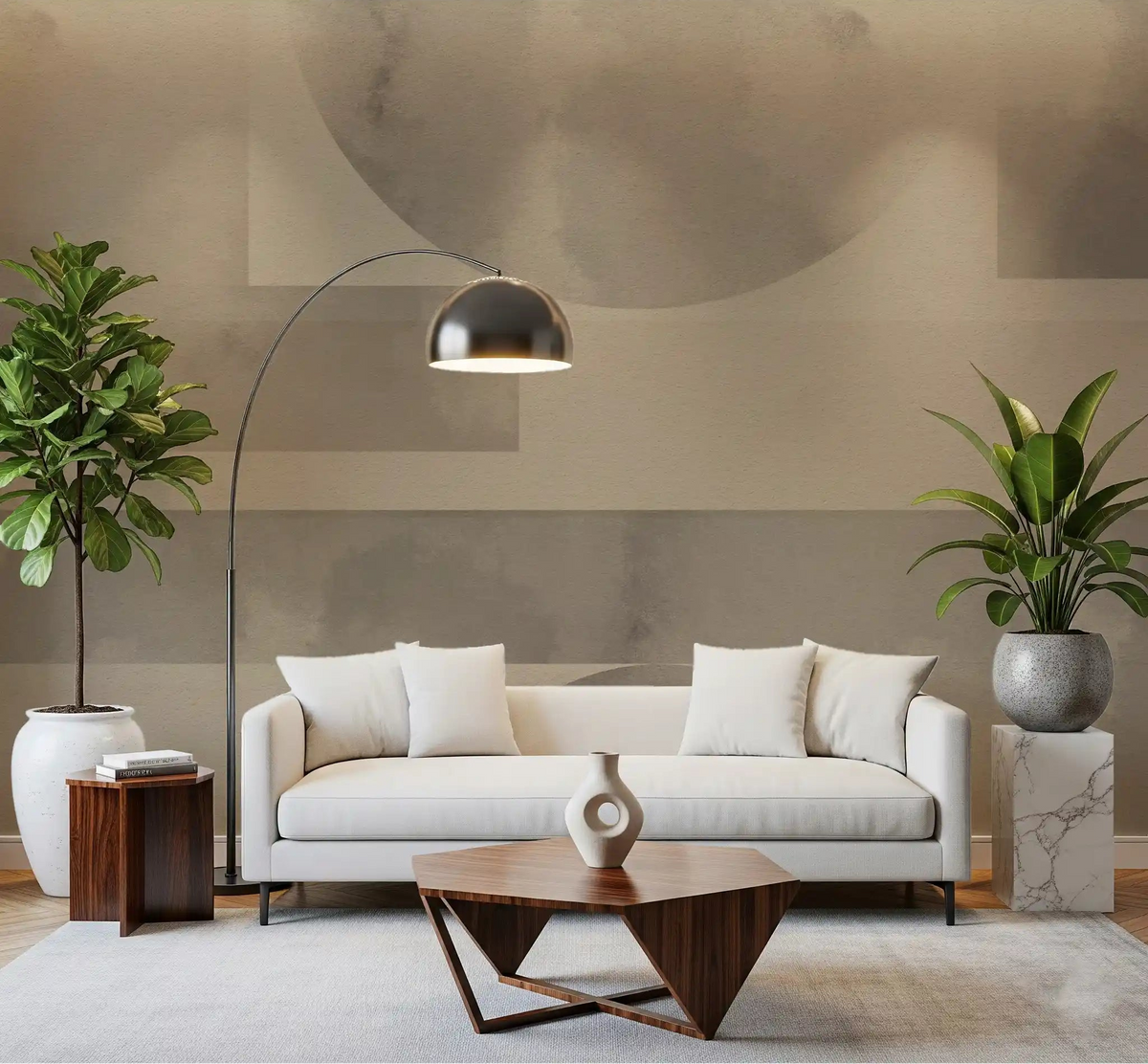 Earthy Horizon Geometry Shapes wall mural turns the living room into a calm desert backdrop.GD9598