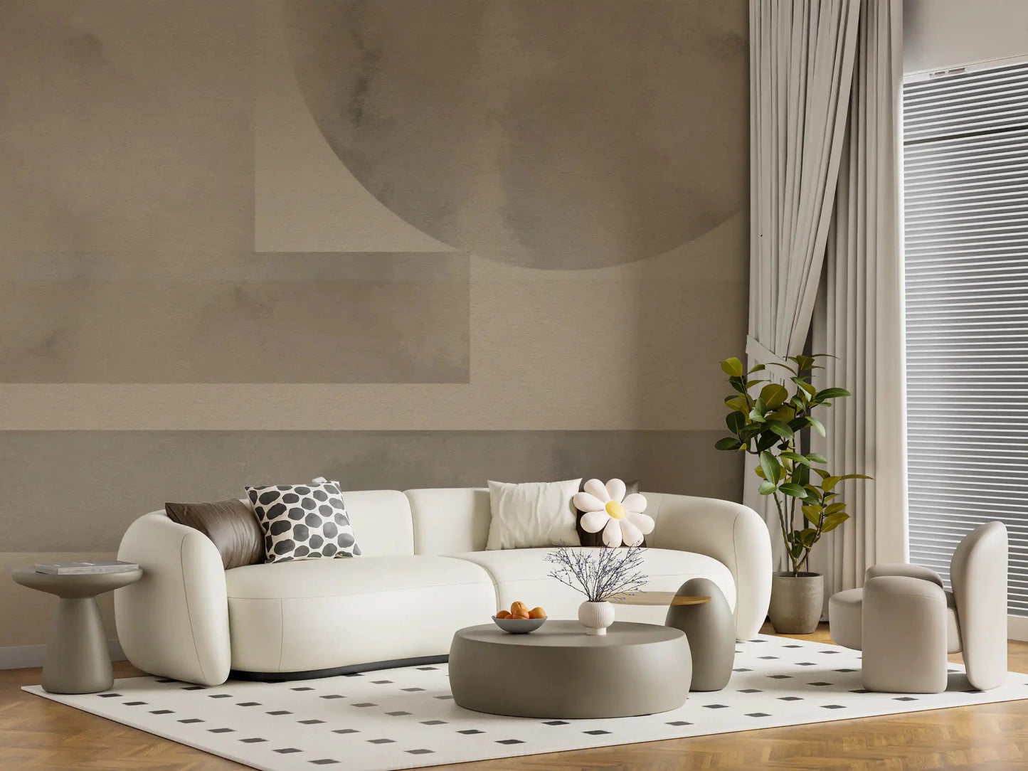 Quiet circles fill an open sitting space on Earthy Horizon Geometry Shapes wall mural.GD9598