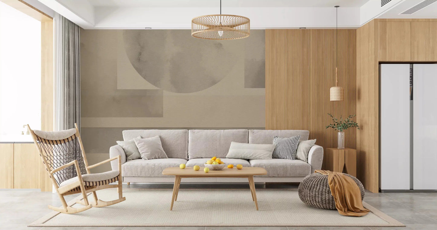 A Living area gains quiet sandstone tones from Earthy Horizon Geometry wall mural.GD9598