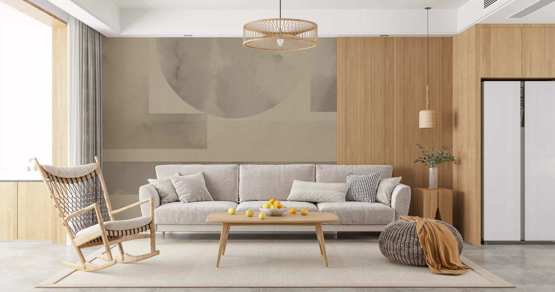A Living area gains quiet sandstone tones from Earthy Horizon Geometry wall mural.GD9598