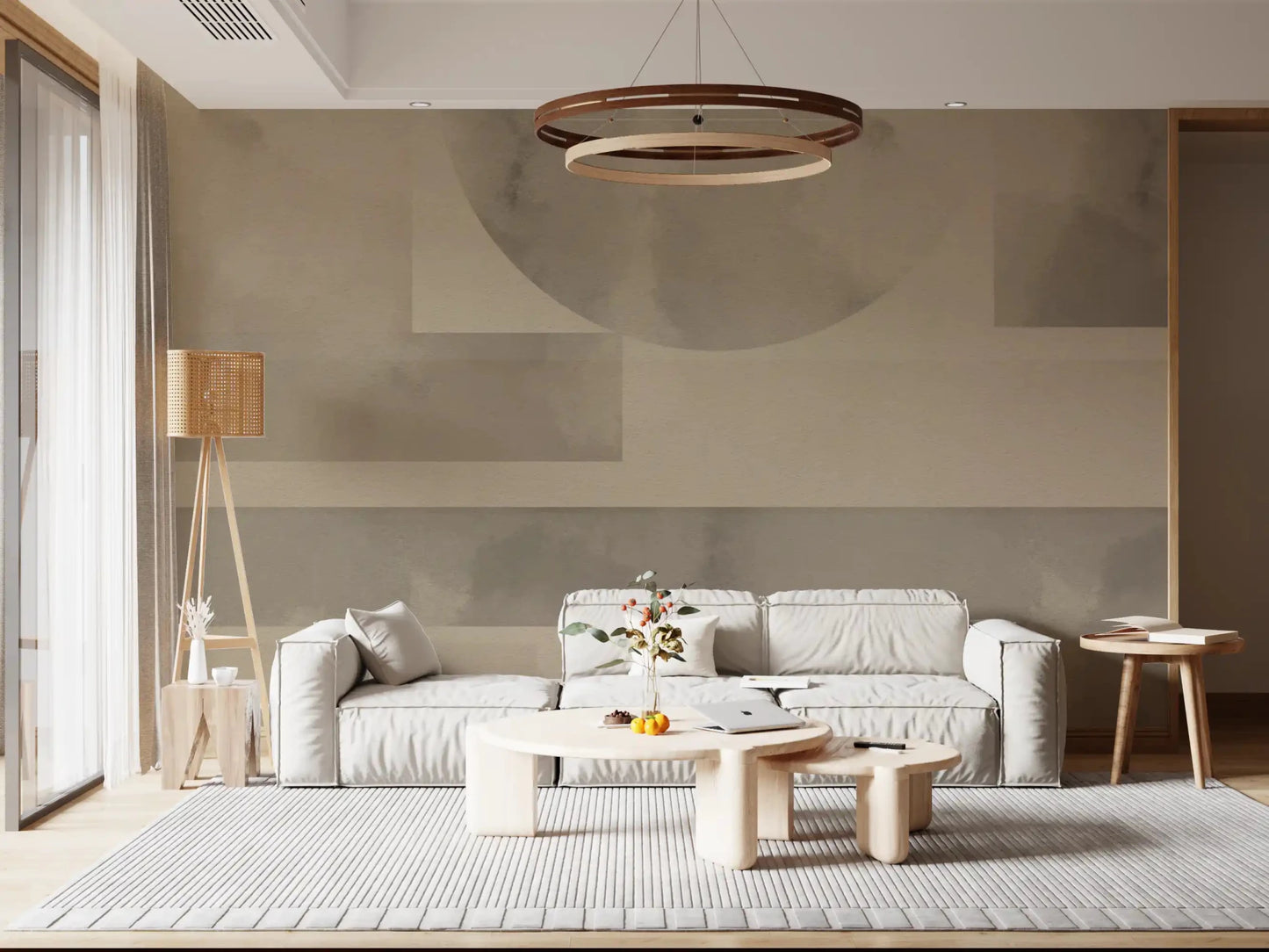 Wrapped Living room, Earthy Horizon Geometry wall mural softens the cool light.GD9598