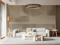 Wrapped Living room, Earthy Horizon Geometry wall mural softens the cool light.GD9598