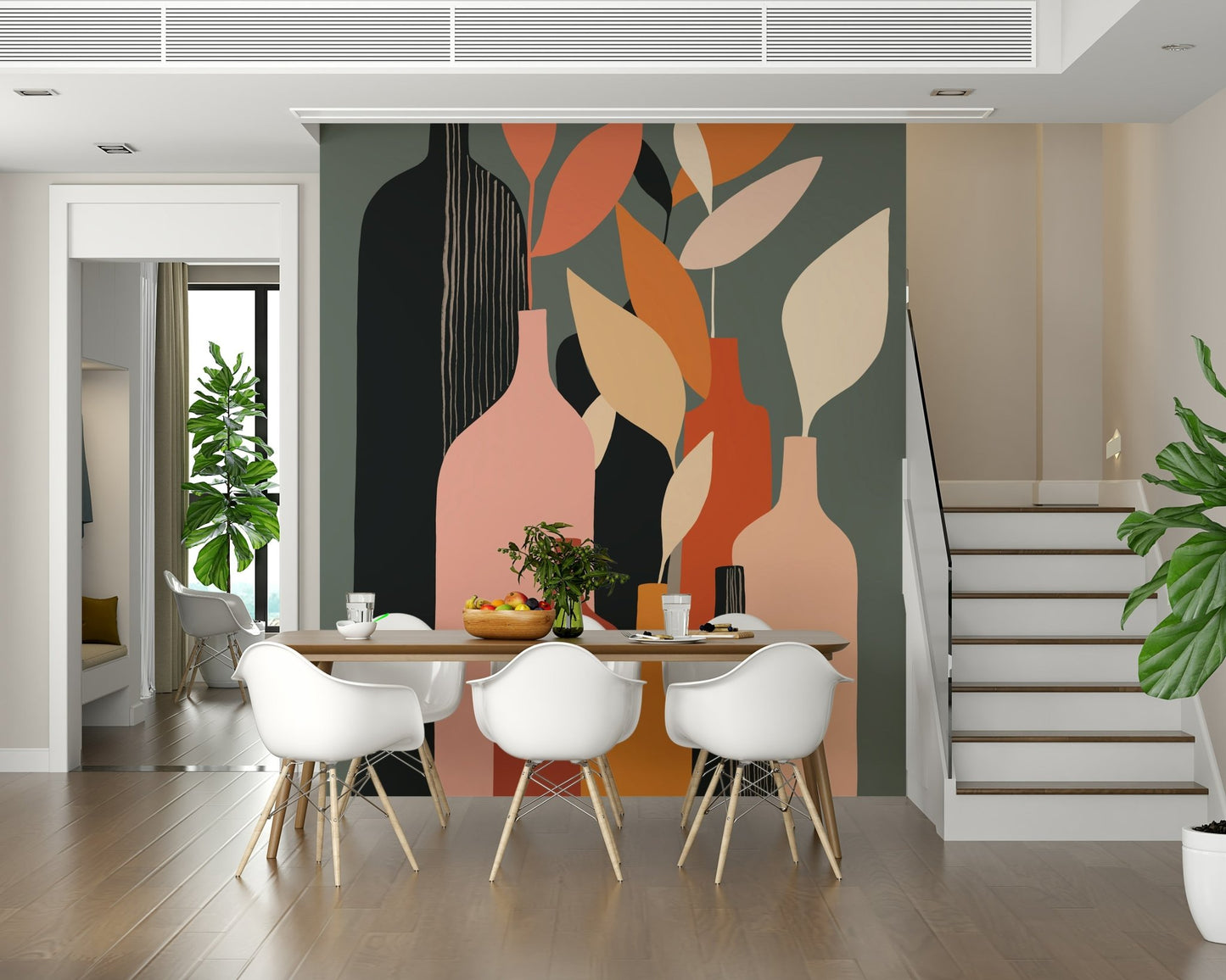 Contemporary pottery and bottle wallpaper mural for an apartment lounge.