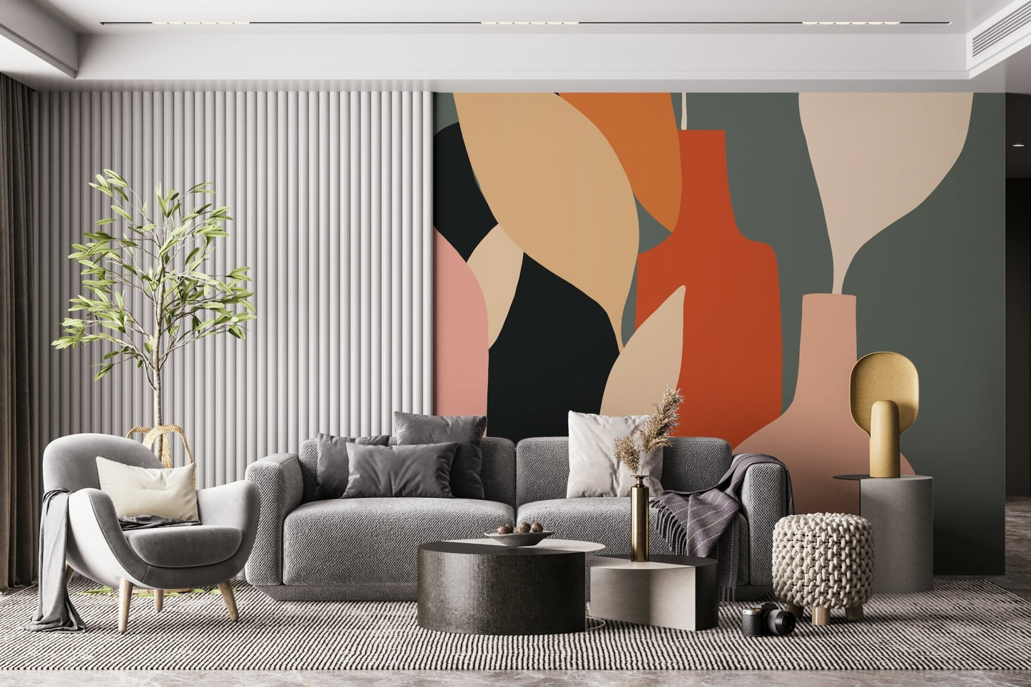 Muted clay and sand colour bottle wallpaper mural for home office space.