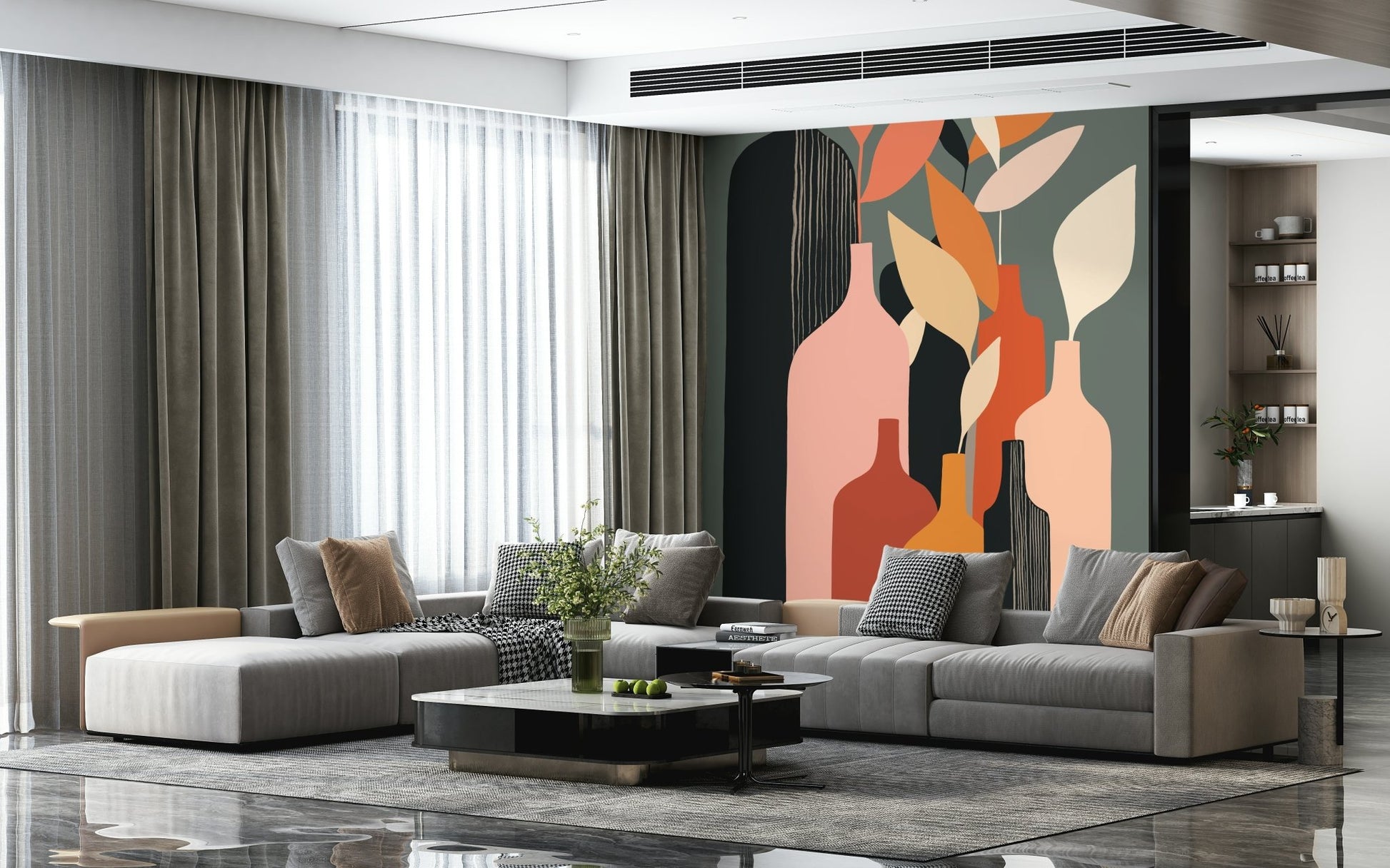 Hand-painted style glass bottle wallpaper mural for dining room décor.