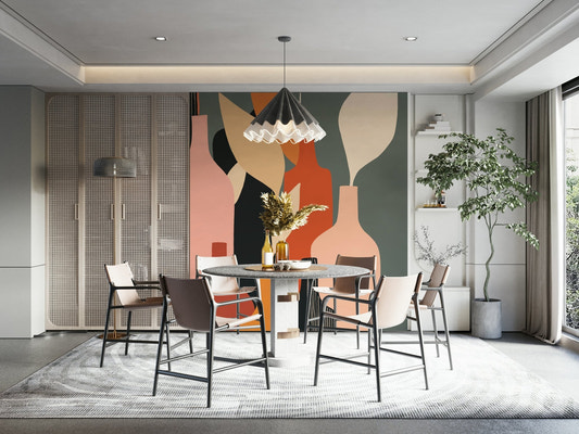 Earthy Hues Bottle Decor Wall Mural in a rustic living room setting.