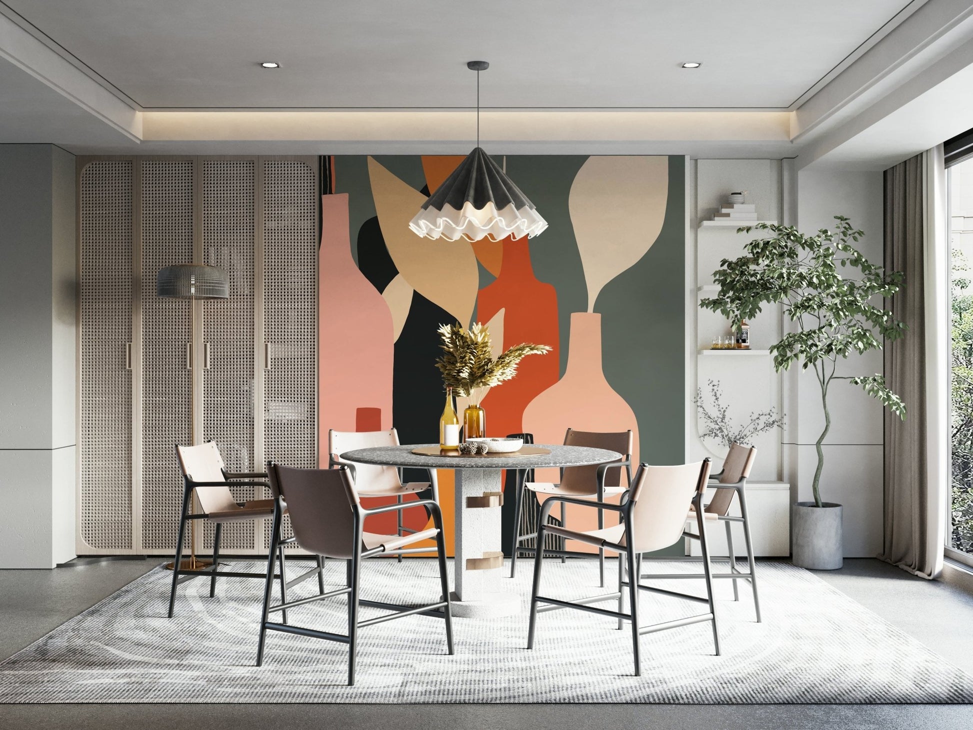 Earthy Hues Bottle Decor Wall Mural in a rustic living room setting.