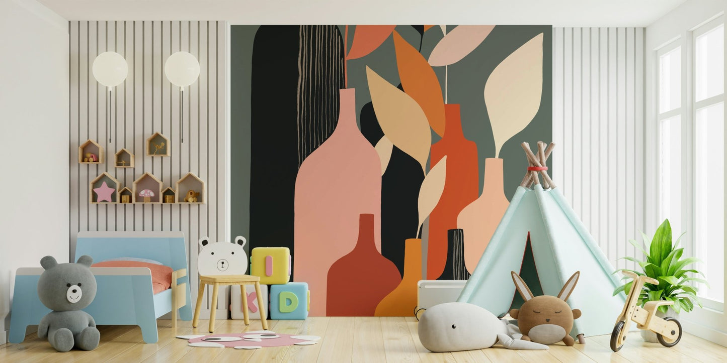 Brown and terracotta tones bottle decor wallpaper mural for office walls.