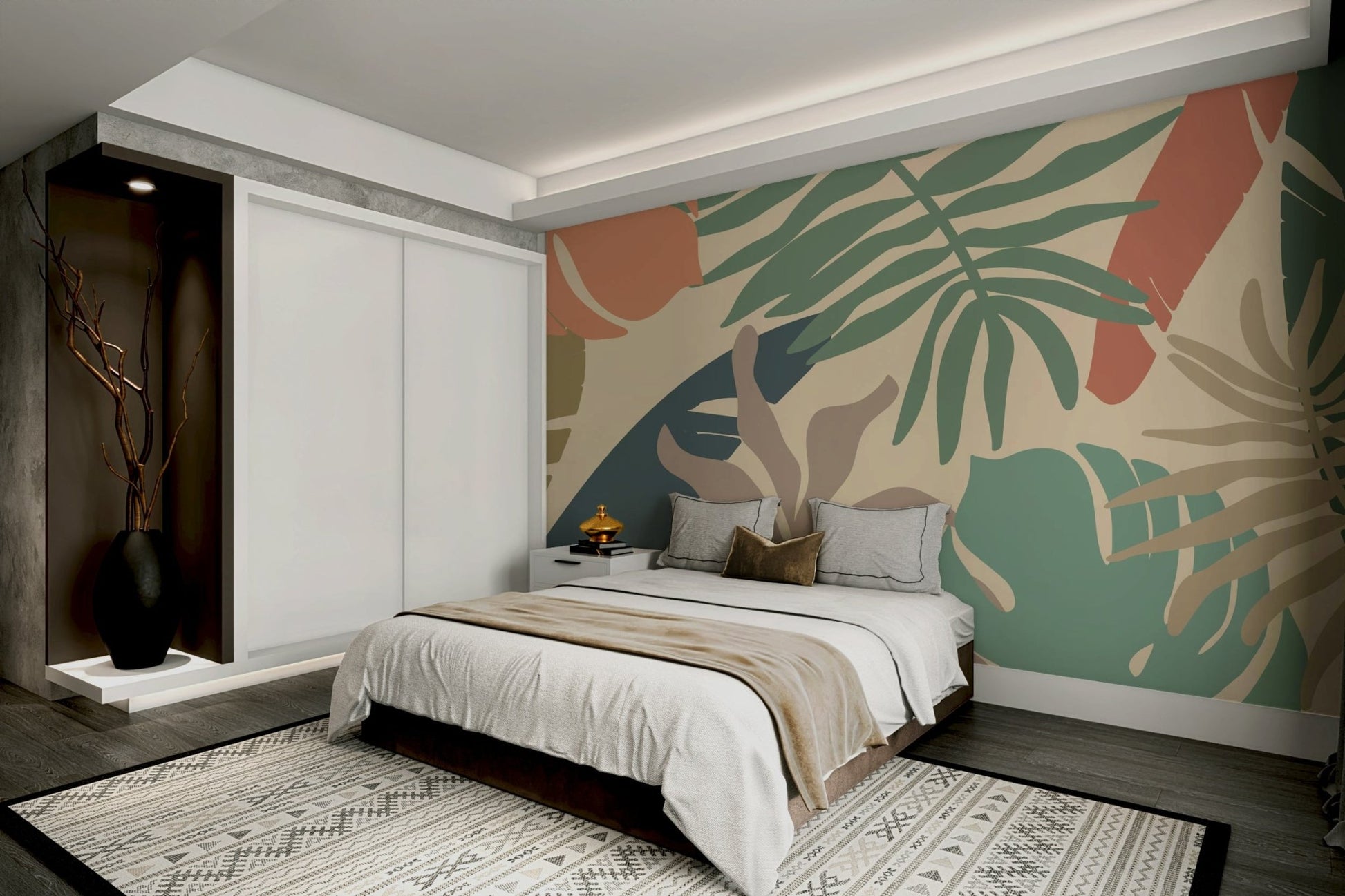 A calming jungle design wallpaper mural that defines a space.

