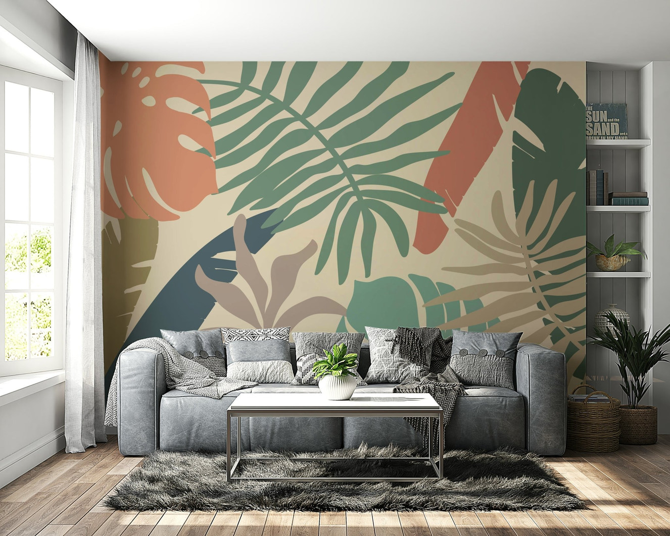 A beautiful earthy jungle wallpaper mural for a modern home.


