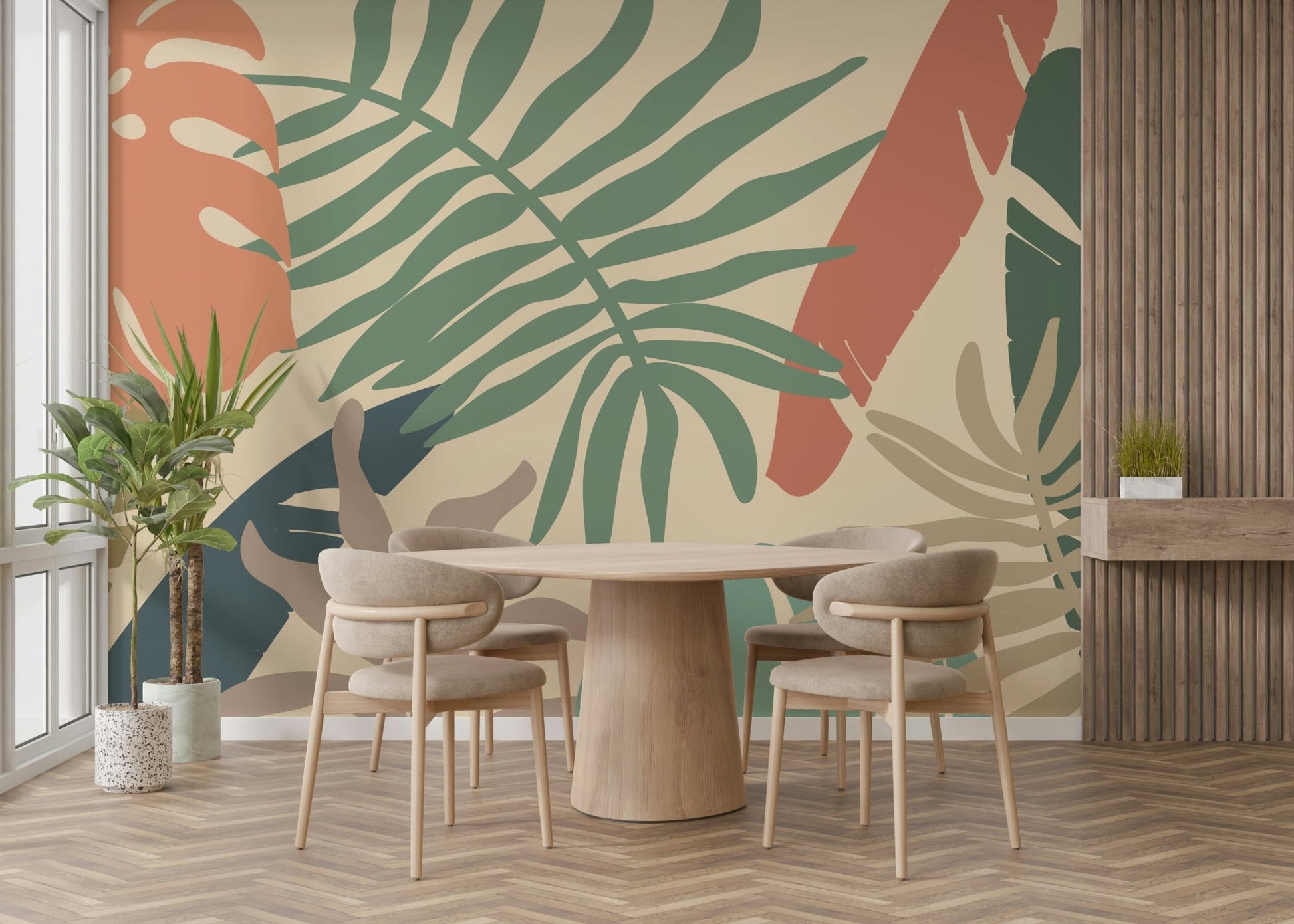 A serene tropical foliage wall mural for exotic decor.

