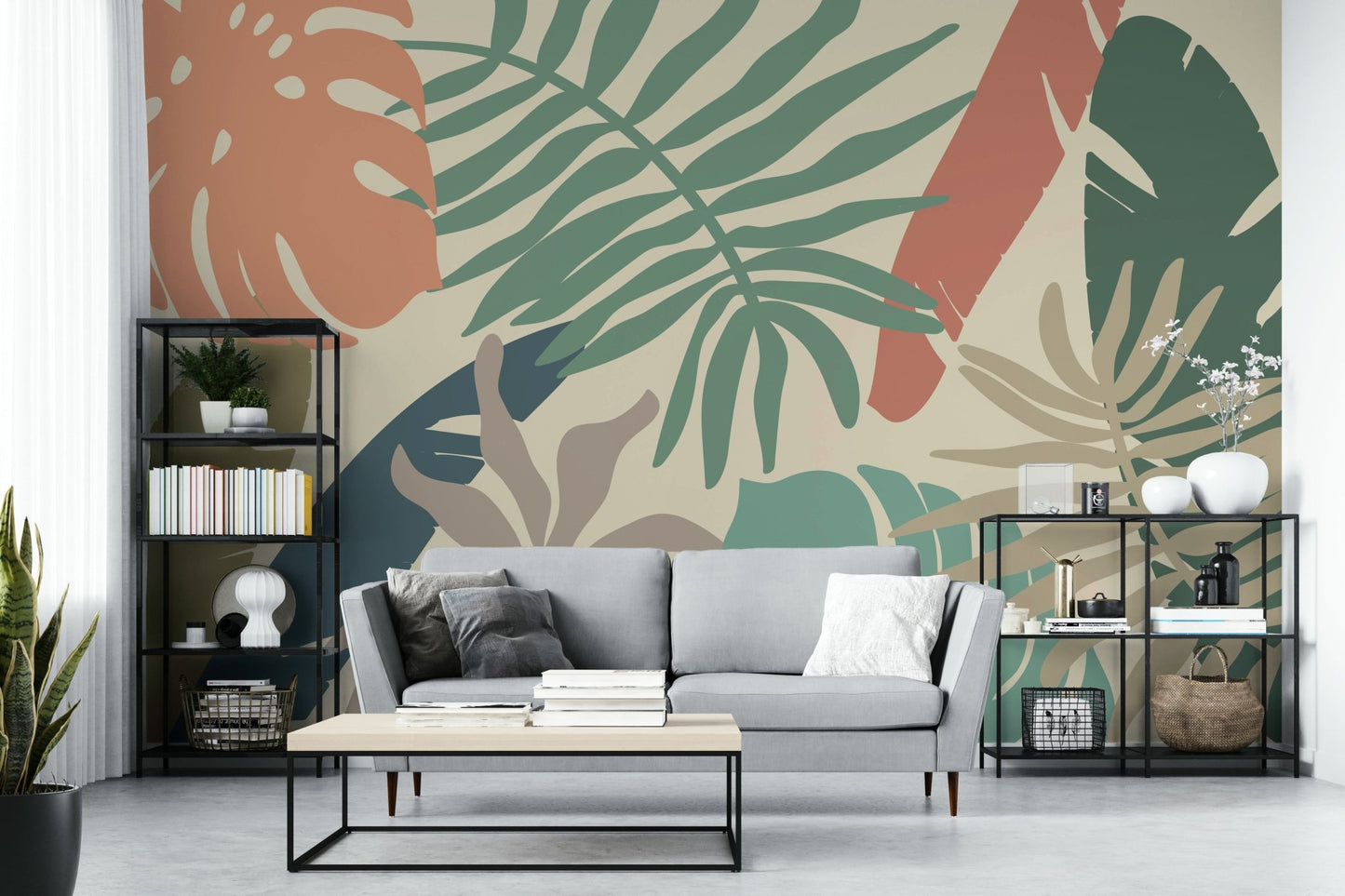 An artistic lush botanical mural on minimalist wallpaper.


