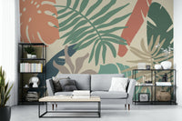 An artistic lush botanical mural on minimalist wallpaper.

