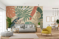 A peaceful forest scene mural on decorative wallpaper.

