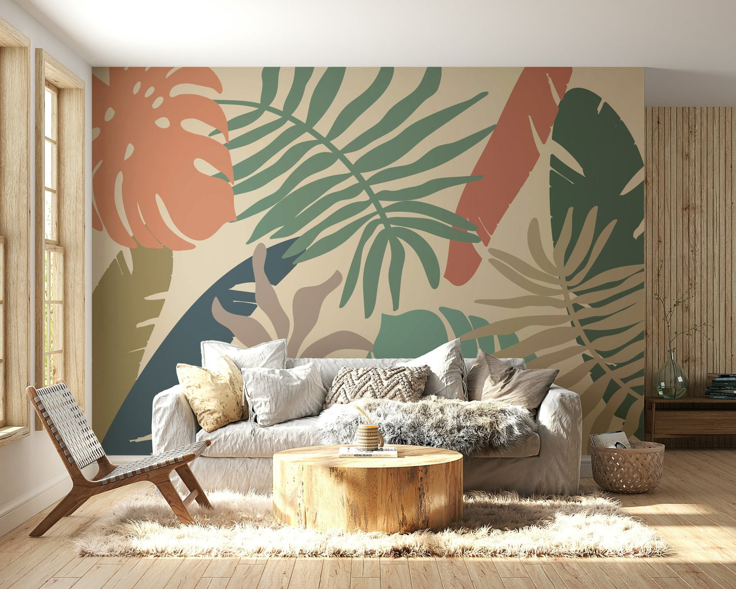 A graceful tropical leaf wall mural in earthy, warm tones.

