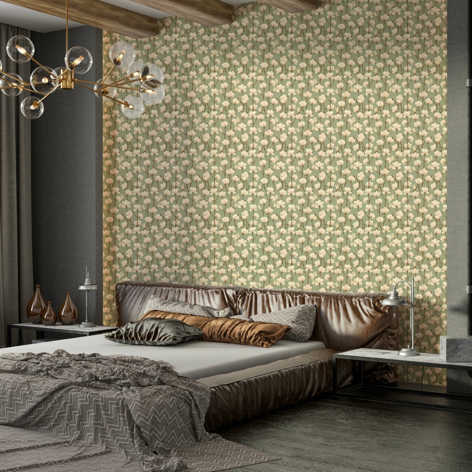 Cream magnolias on earthy green backdrop

