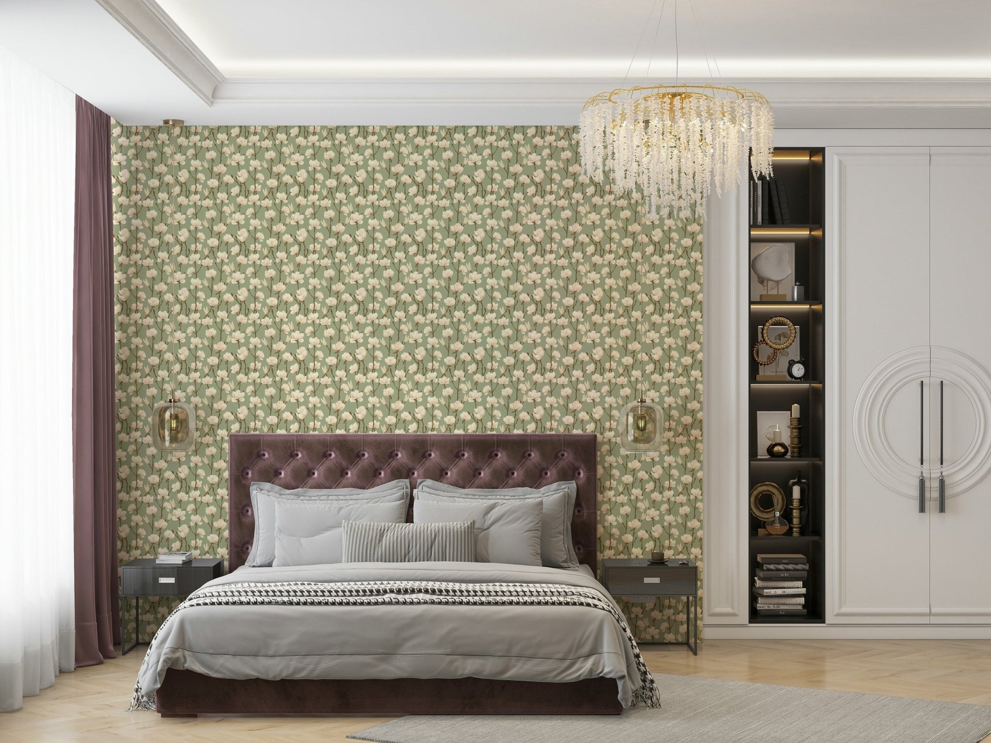 Earthy Magnolia Greens botanical wallpaper

