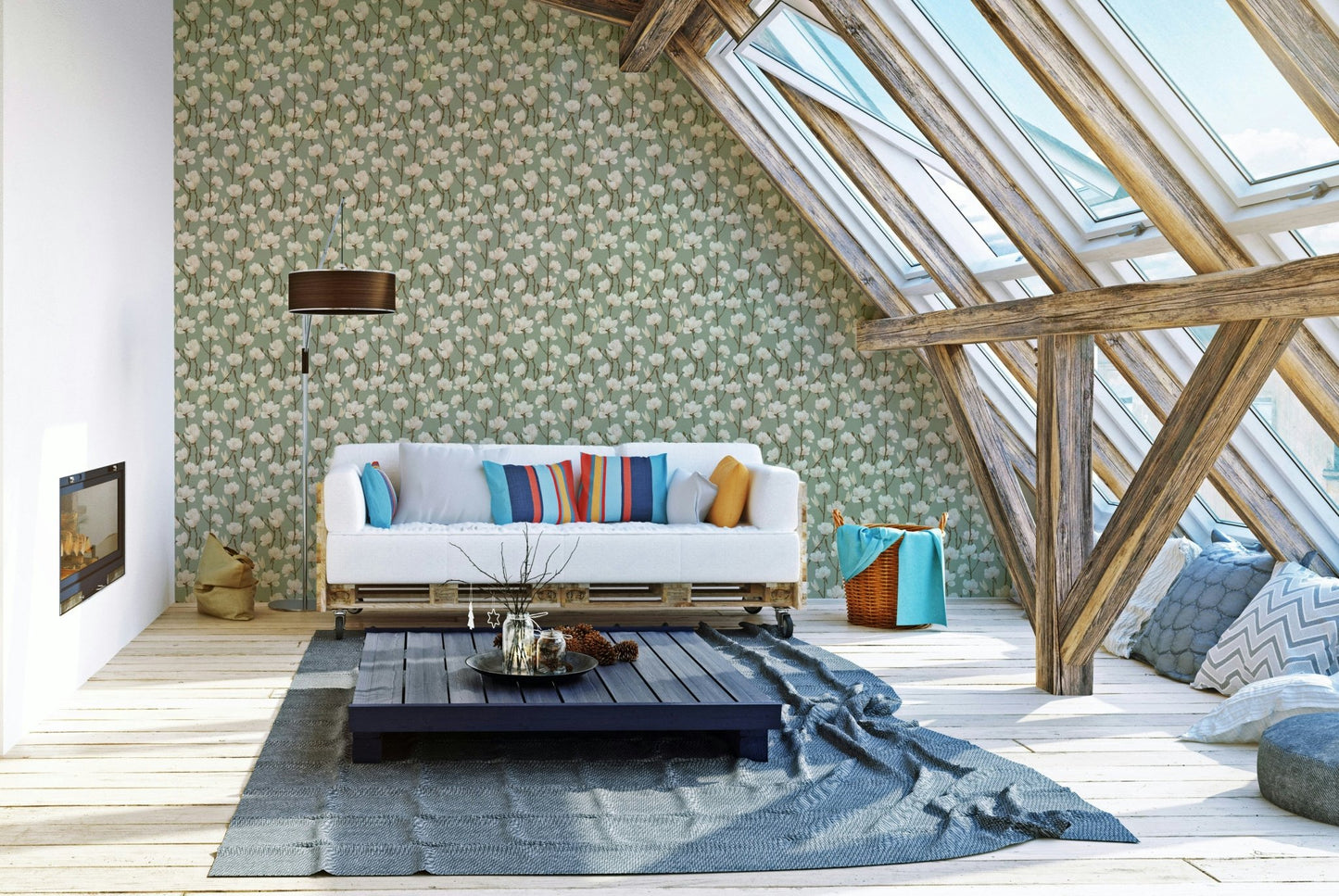 Elegant Magnolia blooms on green wallpaper

