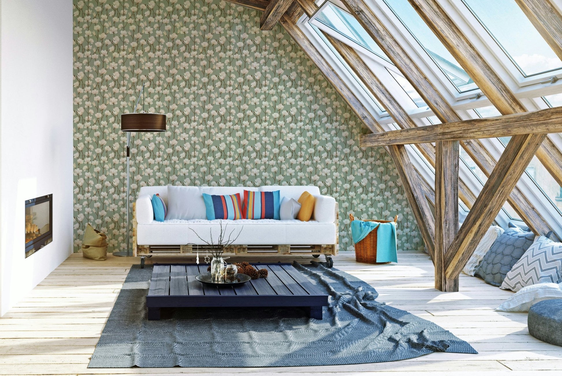 Elegant Magnolia blooms on green wallpaper

