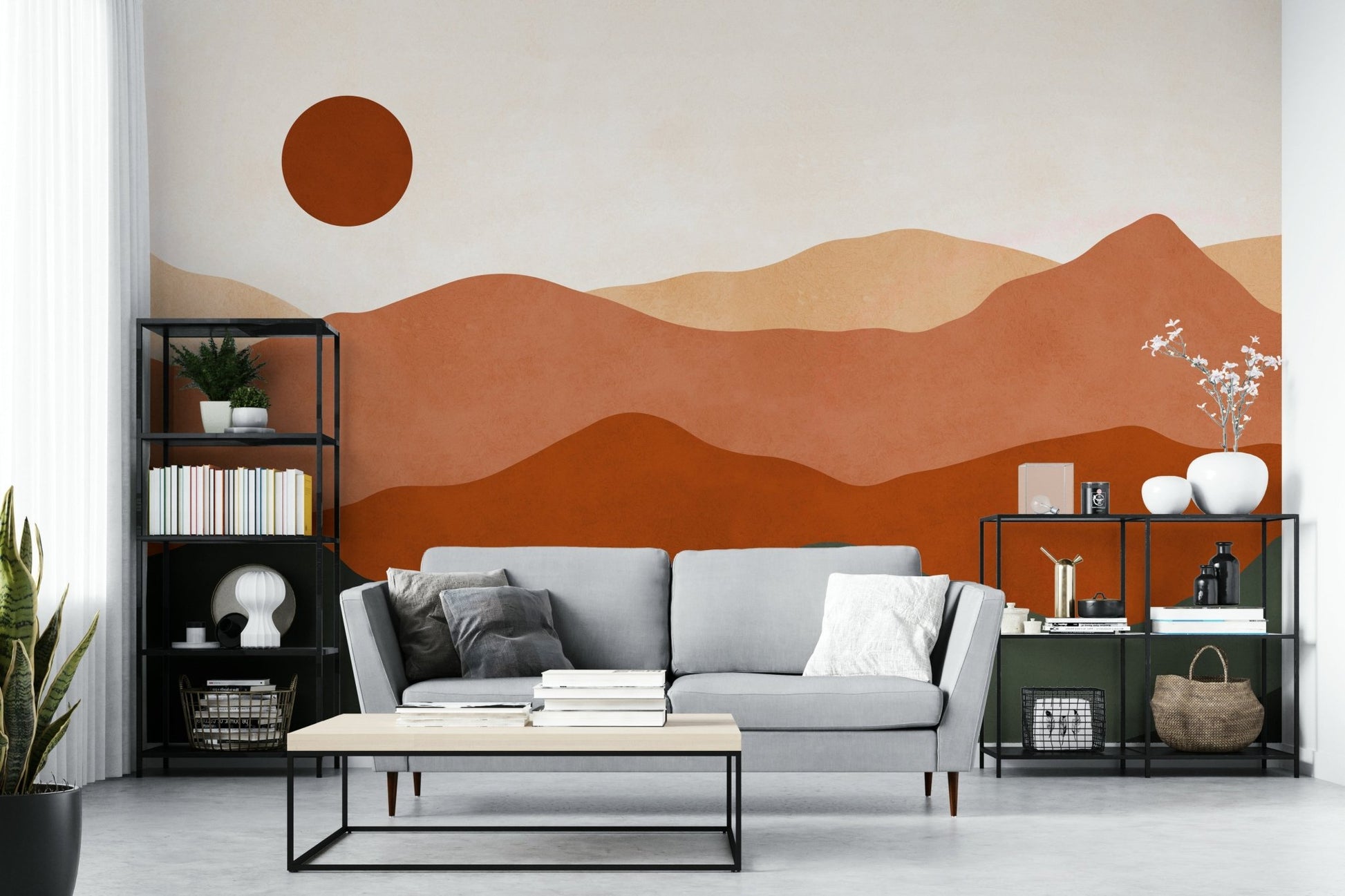 The colors include beige, terracotta, and soft gray.

