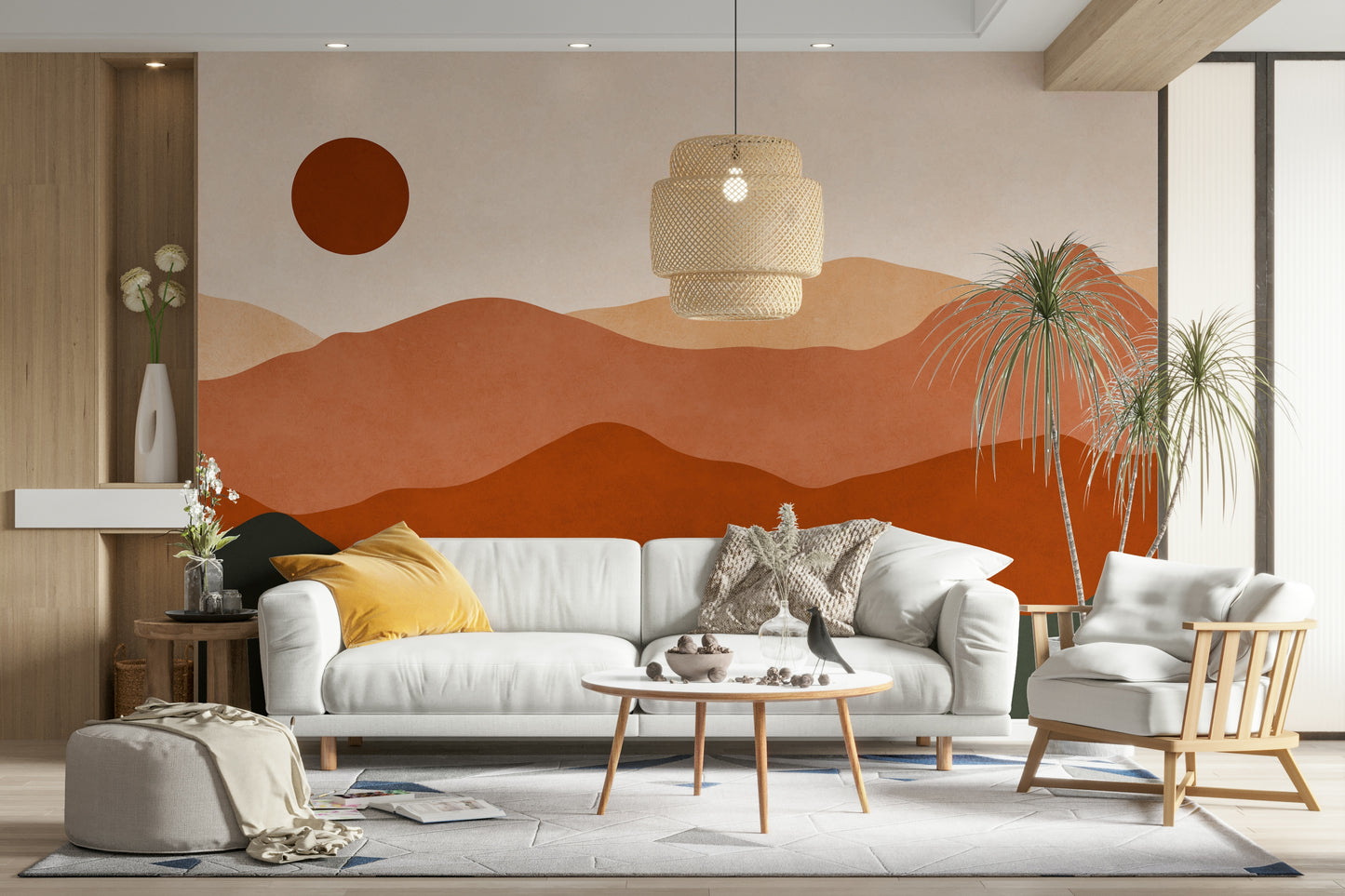 A sofa is visible in front of the mural.

